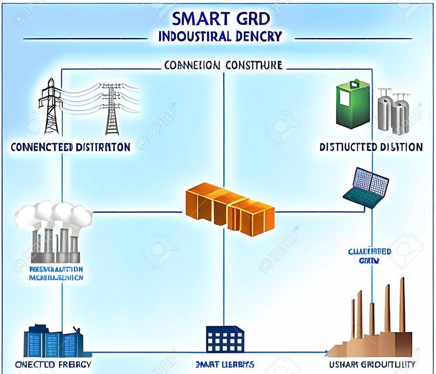 Smart Grid concetto industriale e dispositivi smart grid in una rete collegata. Energie rinnovabili e Smart Grid Technology.Transmission e distribuzione Smart Grid struttura all'interno il settore dell'energia