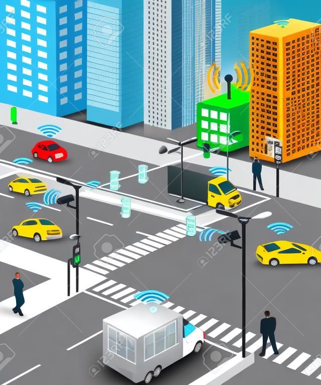 Communication that connects cars to devices on the road, such as traffic lights, sensors, or Internet gateways. Wireless network of vehicle. Smart Car, Traffic and wireless network, Intelligent Transport Systems