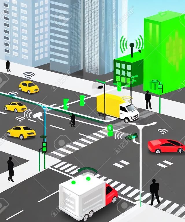 Communication that connects cars to devices on the road, such as traffic lights, sensors, or Internet gateways. Wireless network of vehicle. Smart Car, Traffic and wireless network, Intelligent Transport Systems