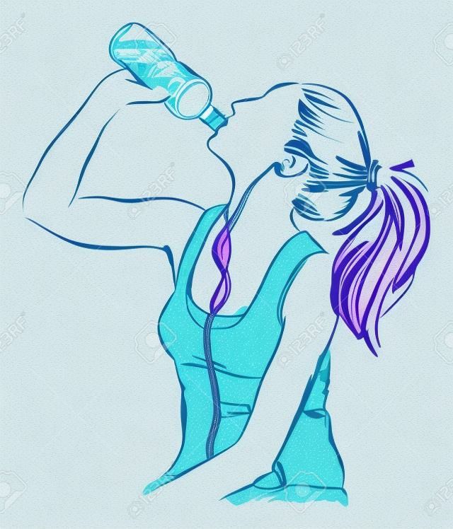 女女生喝一瓶水健身插画