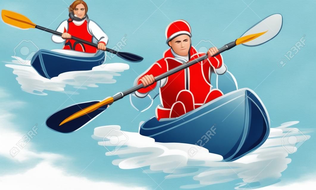 couple, homme et femme et deux kayak illustration
