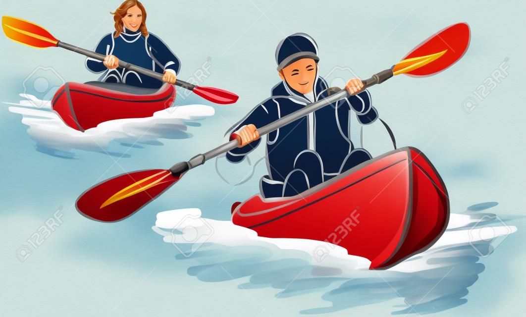 couple, homme et femme et deux kayak illustration