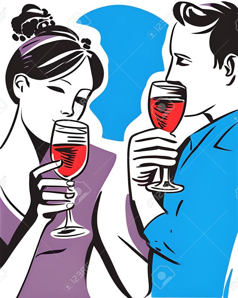 Couple man and woman drinking wine illustration