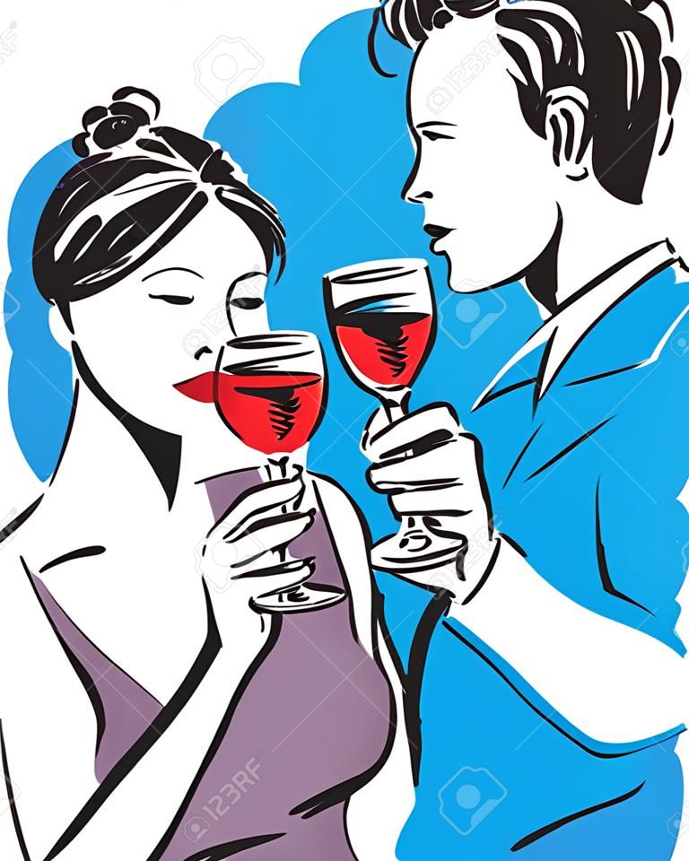 Couple man and woman drinking wine illustration