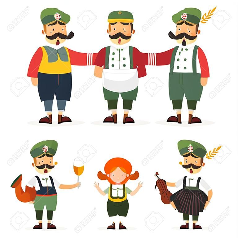Oktoberfest. Funny cartoon characters in folk costumes of Bavaria celebrate and have fun at Oktoberfest beer festival.