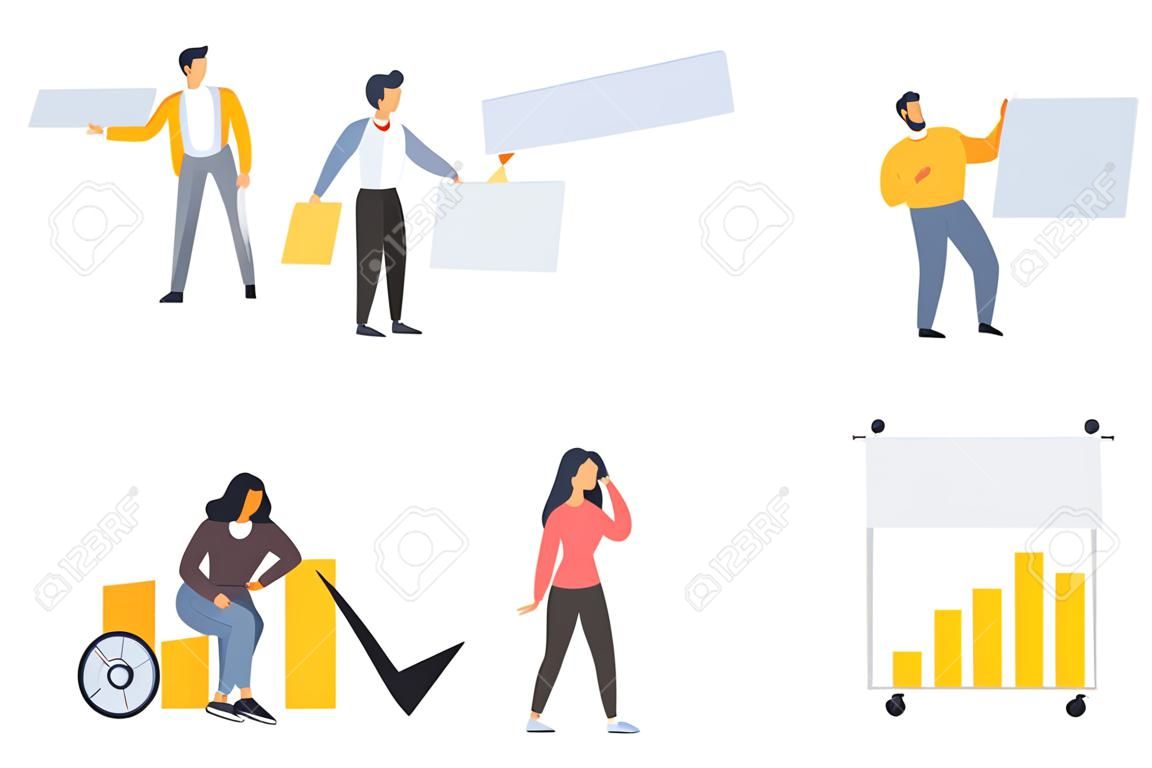 Investment analysis concept. People on team are looking at growing graphs of cash investments. Analysis of financial data. Vector flat illustration.