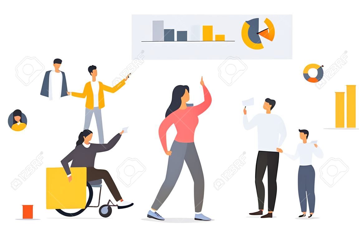 Investment analysis concept. People on team are looking at growing graphs of cash investments. Analysis of financial data. Vector flat illustration.