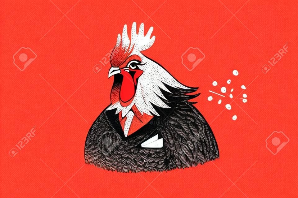 Graphically hand drawn rooster in a suit on a red background. Retro engraving with farm animals for restaurant menus, for packaging in markets and in shops. Vector vintage illustration.