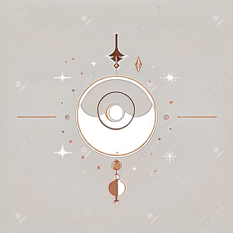 Mystical composition with a white crescent, arrows, stars vector illustration. Ethnic magic and astrological symbols in the style of Boho. Magical signs in a trendy linear style.