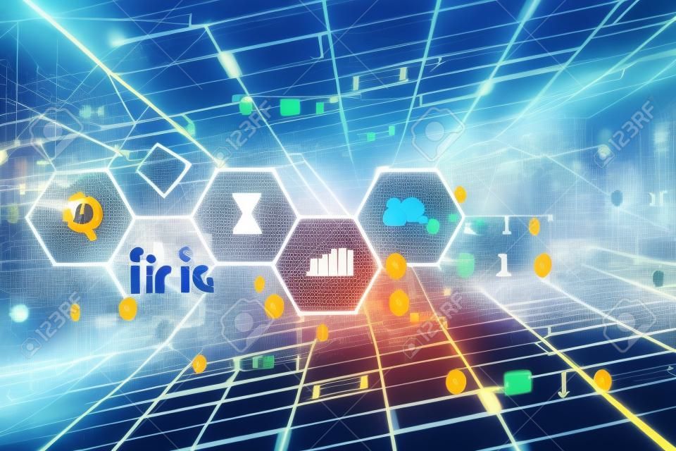 O ícone da fintech no fundo abstrato da tecnologia financeira representa o Blockchain e o conceito financeiro da tecnologia da Internet do investimento da Fintech.