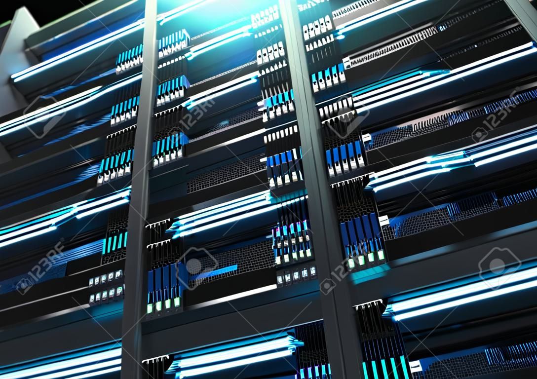 Illustration 3D von Supercomputerservergestellen im Rechenzentrum, im Konzept der großen Datenspeicherung und im Bergbau der Kryptowährung.