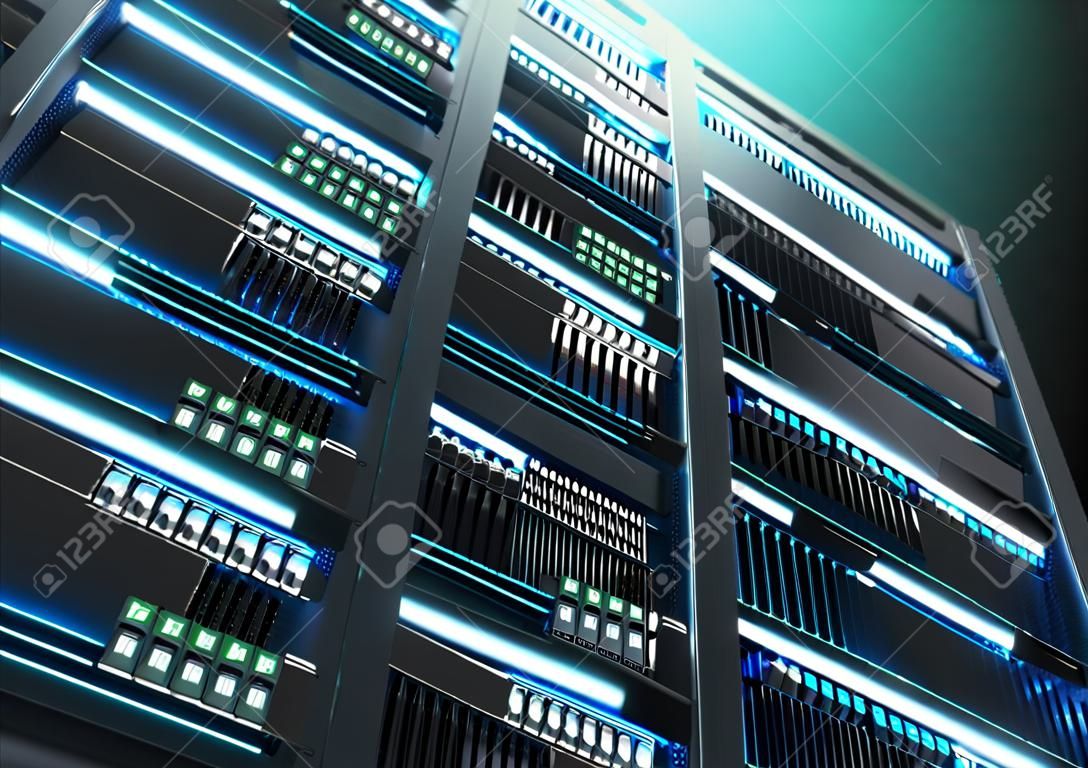 Illustration 3D von Supercomputerservergestellen im Rechenzentrum, im Konzept der großen Datenspeicherung und im Bergbau der Kryptowährung.