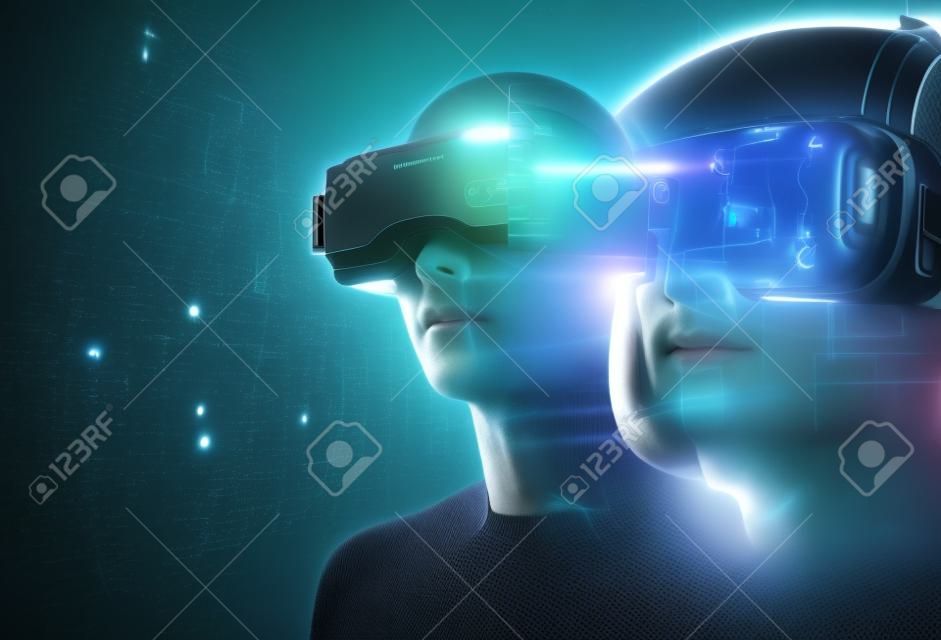 3d rendering of virtual human in VR headset on futuristic technology and programming 
languages background represent virtual reality technology .