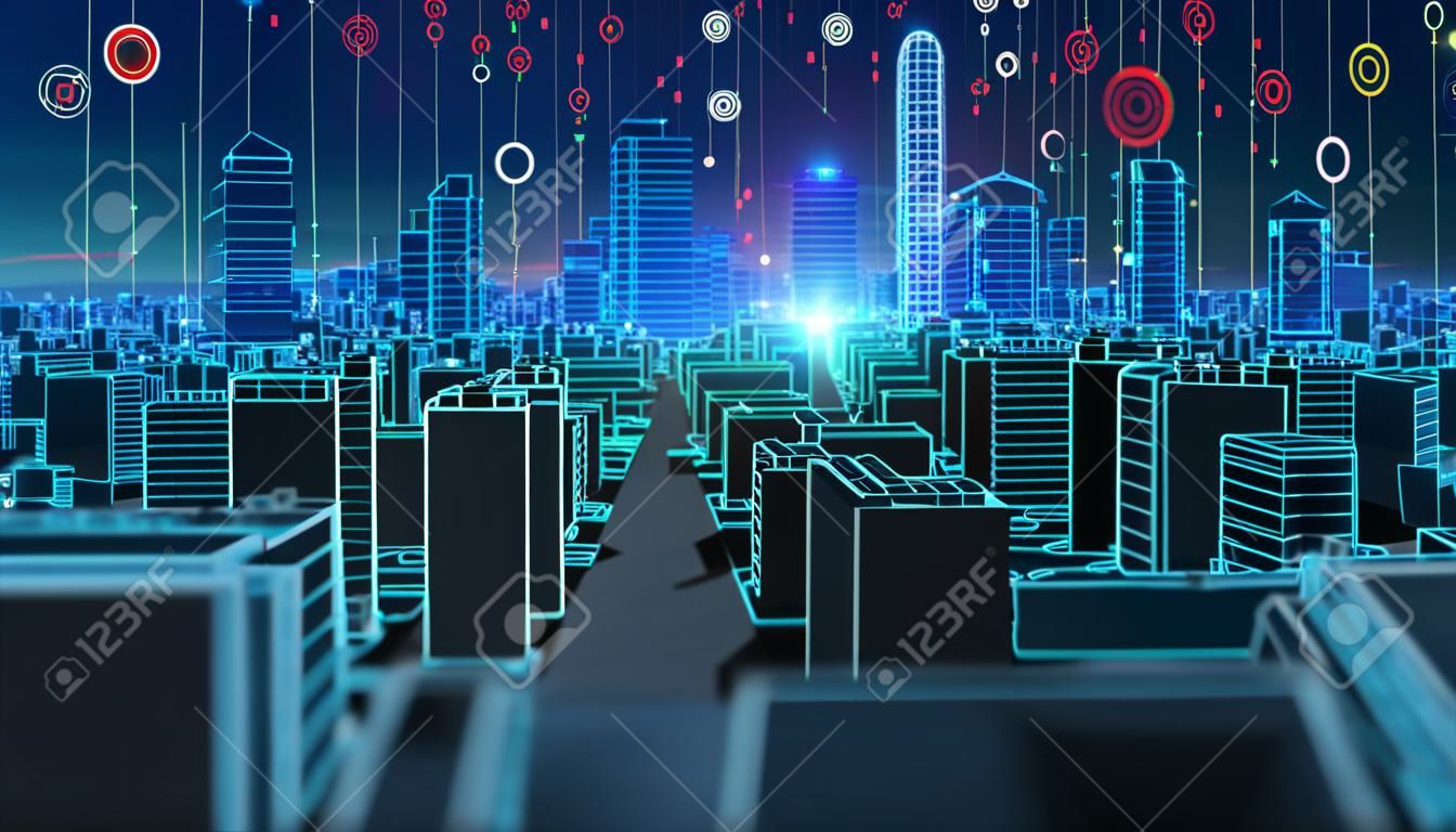 smart city and  Digital landscape in cyber world , internet of things, networks and 
augmented reality concept  ,3d illustration
