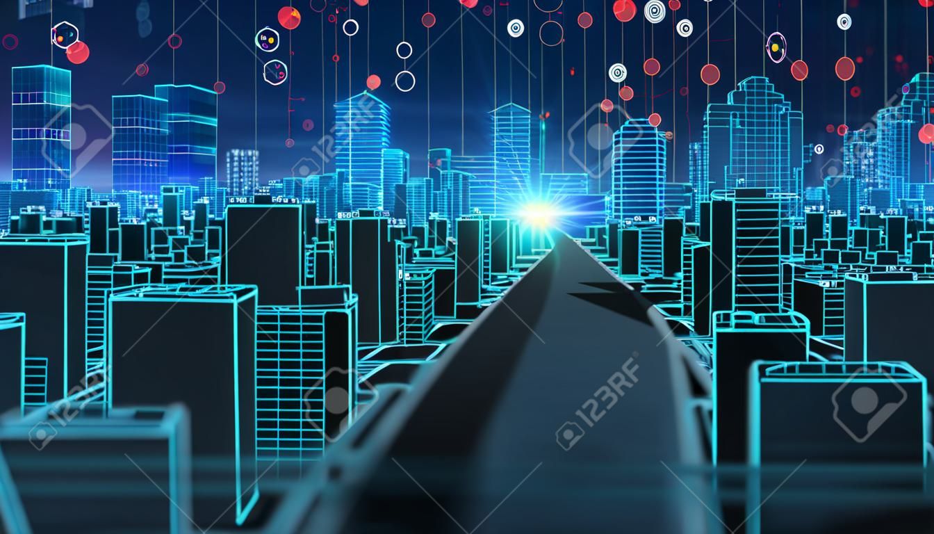 smart city and  Digital landscape in cyber world , internet of things, networks and 
augmented reality concept  ,3d illustration
