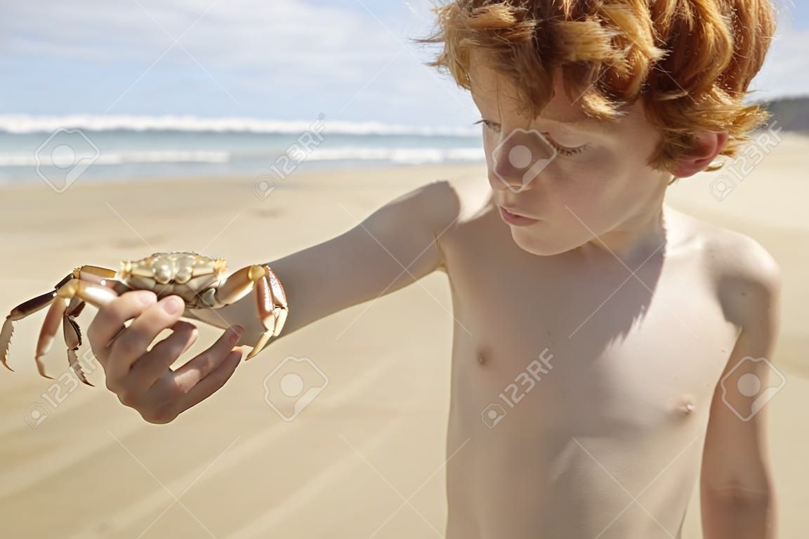 Garçon tenant crabe sur la plage portrait