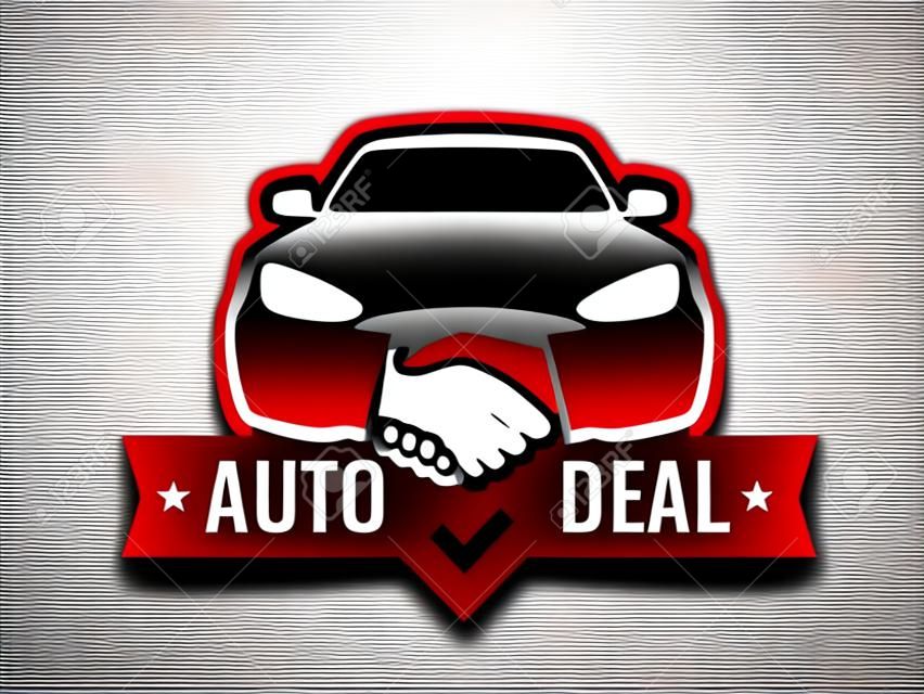 Auto Deal - Logo per concessionaria auto. Vista frontale dell'auto con strette di mano - Emblema creativo, distintivo, adesivo, intestazione su colore rosso.