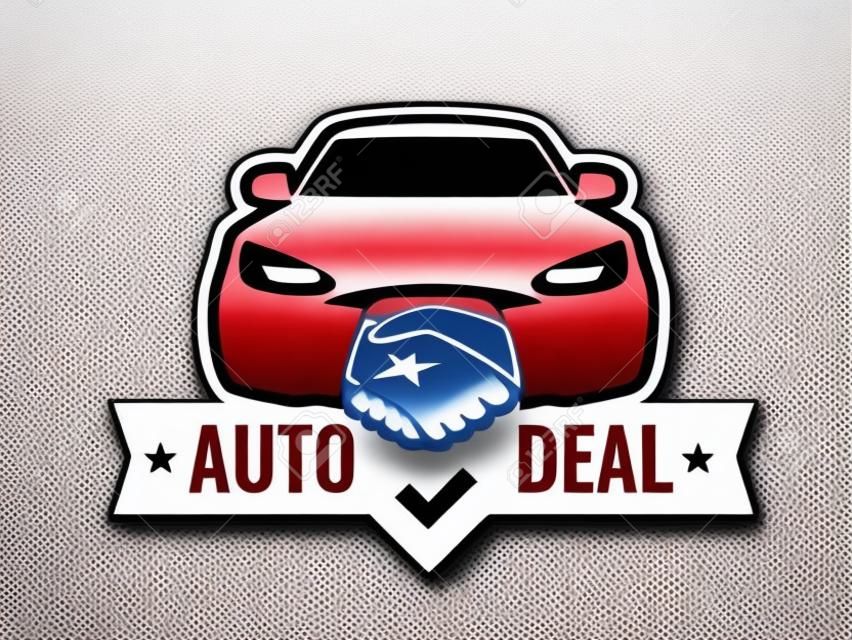 Auto Deal - Logo pour concessionnaire automobile. Vue de face de la voiture avec poignées de main - emblème créatif, insigne, autocollant, en-tête sur la couleur rouge.