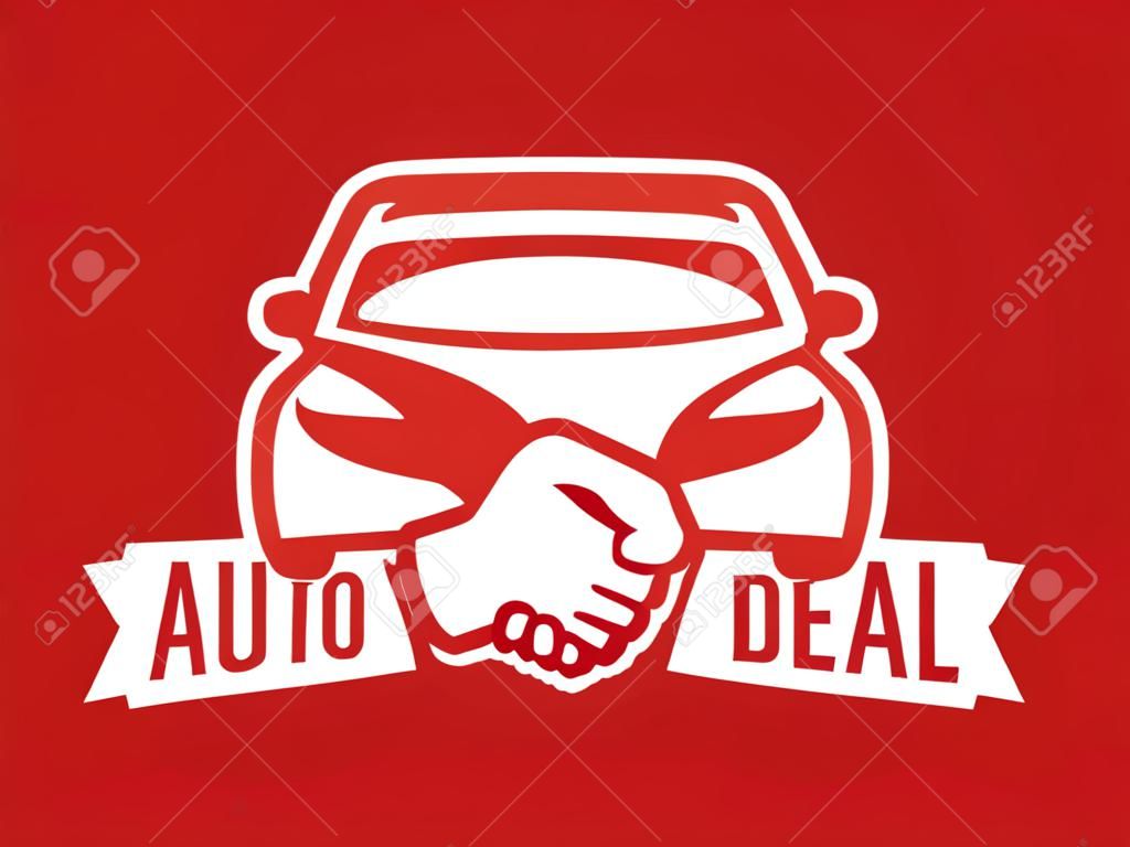 Auto Deal - Logotipo para concesionario de automóviles. Vista frontal del coche con apretones de manos: emblema creativo, insignia, pegatina, encabezado en color rojo.