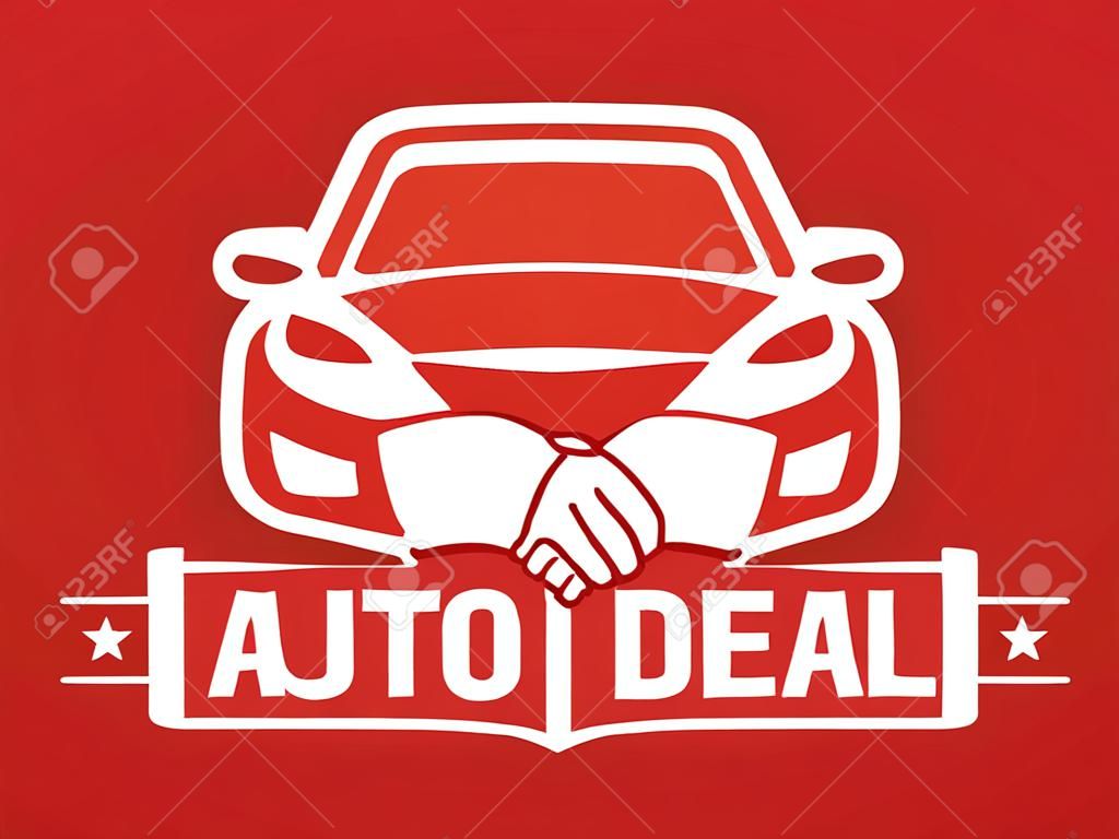 Auto Deal - Logotipo para concesionario de automóviles. Vista frontal del coche con apretones de manos: emblema creativo, insignia, pegatina, encabezado en color rojo.