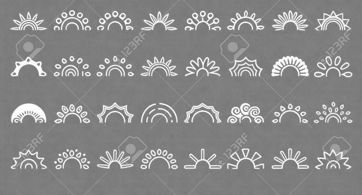 Czarna linia, pół słońca, ikona, komplet, pusta ramka dla tatuażu, prosty zarys, inny kształt, projekt, logo, element, światło słoneczne, symbol, poranna pogoda, dla sieci web lub aplikacji, odizolowany na białej ilustracji wektorowych