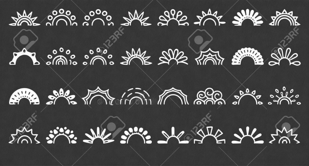 Czarna linia, pół słońca, ikona, komplet, pusta ramka dla tatuażu, prosty zarys, inny kształt, projekt, logo, element, światło słoneczne, symbol, poranna pogoda, dla sieci web lub aplikacji, odizolowany na białej ilustracji wektorowych
