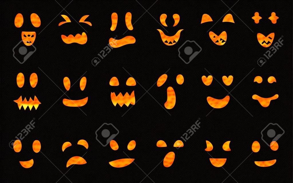 Zestaw rzeźbione sylwetki twarze dynie lub duch. Czarne ikony różne kształty oczy usta. Szablon do cięcia uśmiechu dyni. Decor przerażające śmieszne słodkie Halloween Masks potwory. Ilustracja wektorowa
