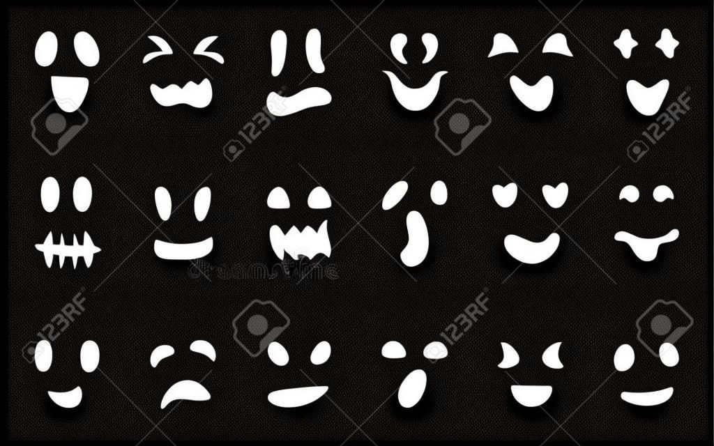 Eine Reihe geschnitzter Silhouetten steht vor Kürbissen oder Geistern. Schwarze Ikonen verschiedene Formen Augen Münder. Vorlage zum Schneiden von Kürbislächeln. Dekor gruselig lustige niedliche Halloween-Masken-Monster. Vektor-Illustration
