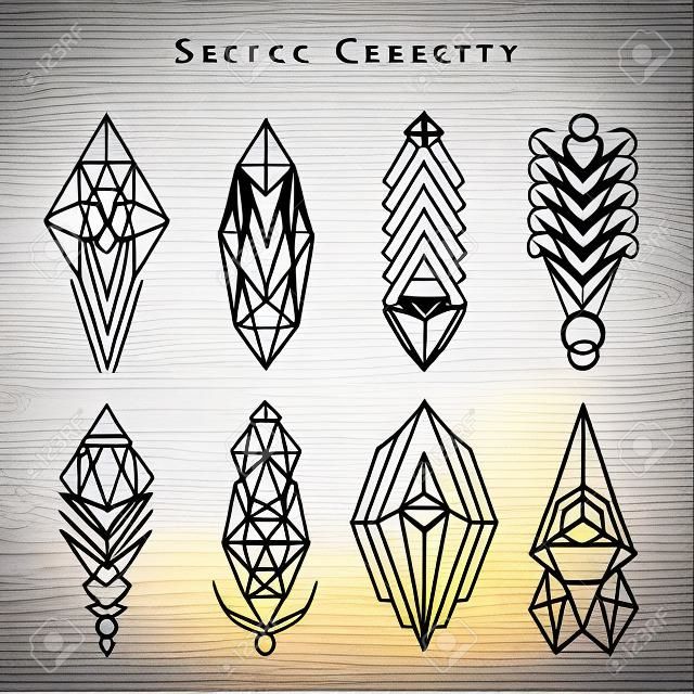 Vector linear sacred geometry emblem set, thin line design logo and signs of spiritual geometric shapes