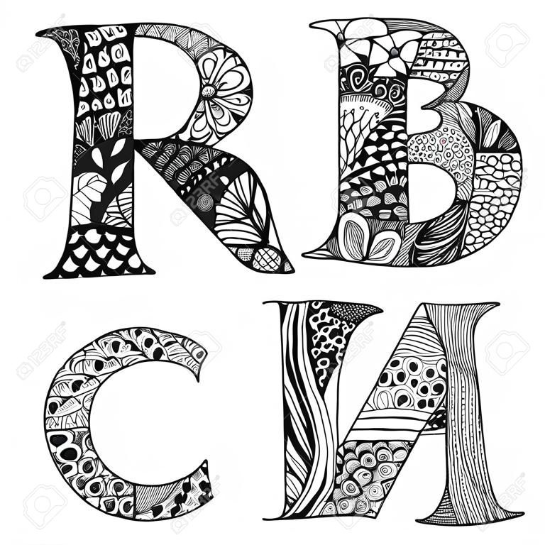 Jahrgang Monogramme Sammlung mit den Buchstaben A, B, C und D. Doodle Alphabet Zeichen mit Muster eingestellt oder Malbuch Seite. Schwarz ABC, Vektor-Illustration