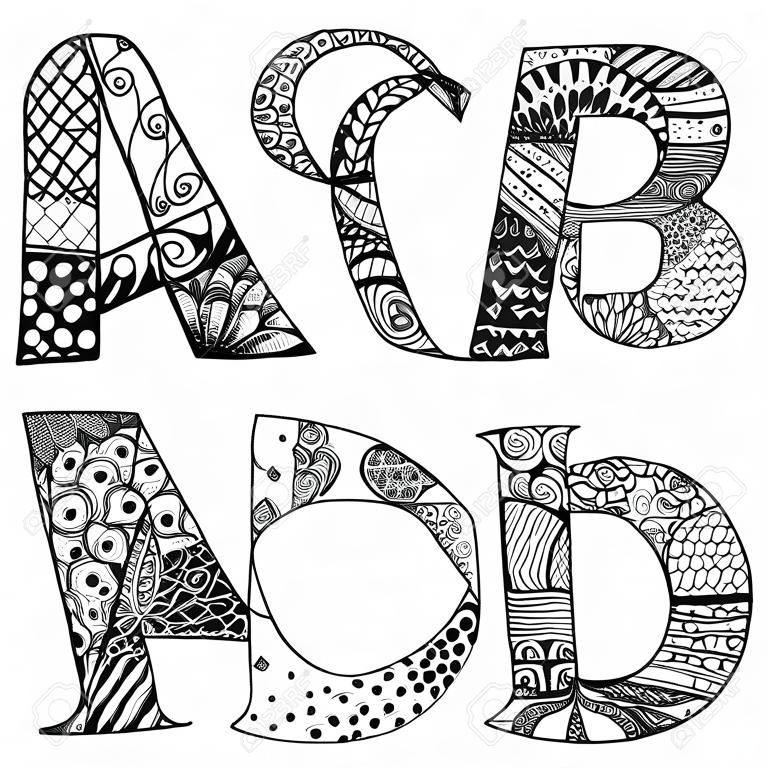 Jahrgang Monogramme Sammlung mit den Buchstaben A, B, C und D. Doodle Alphabet Zeichen mit Muster eingestellt oder Malbuch Seite. Schwarz ABC, Vektor-Illustration