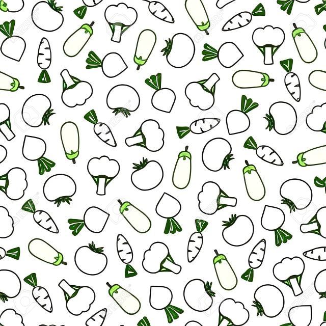 Outline naadloze plantaardige achtergrond vector platte illustratie. Vers voedsel achtergrond in groene en witte kleuren met lijn silhouet plantaardige naadloze element voor gezonde dieet decor of behang