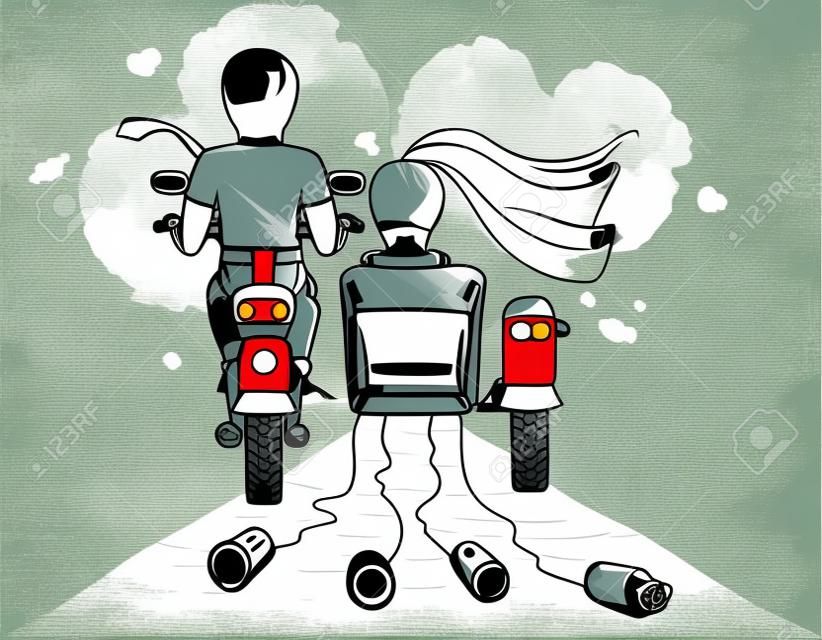 圖形矢量插圖 - 新娘，新郎騎著摩托車