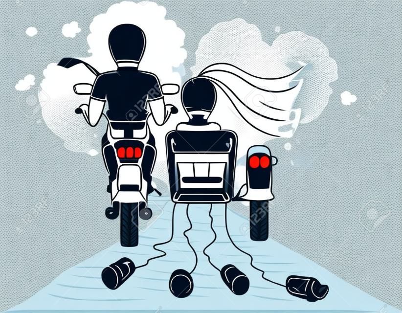 圖形矢量插圖 - 新娘，新郎騎著摩托車