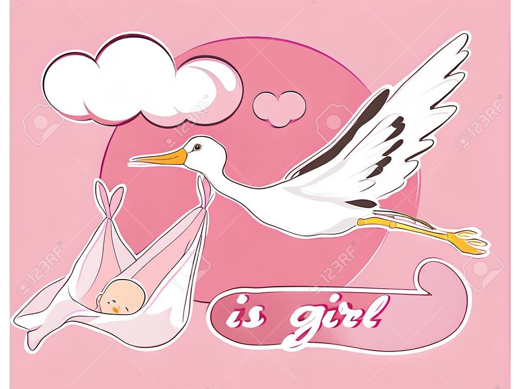 It's a girl -- card. Vector illustration, Stork bears baby.