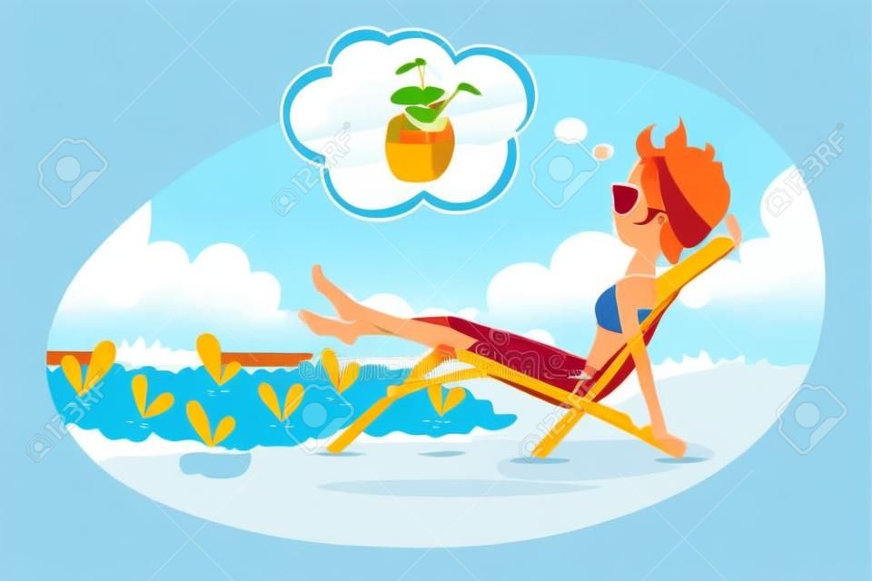Marzenia o wakacjach nad morzem. dziewczyna opala się na leżaku w ogrodzie, ilustracji wektorowych.
