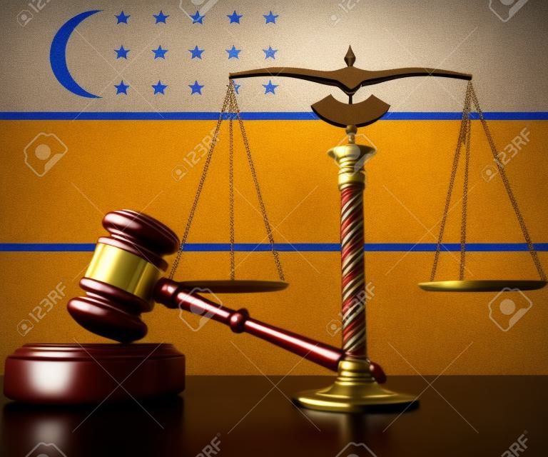 Flag of Uzbekistan behind court gavel and scales. 3d rendering