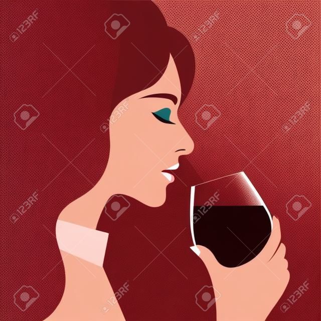 Frau trinkt Wein aus einem Glas. Profil eines Mädchens. Flache Vektorgrafik