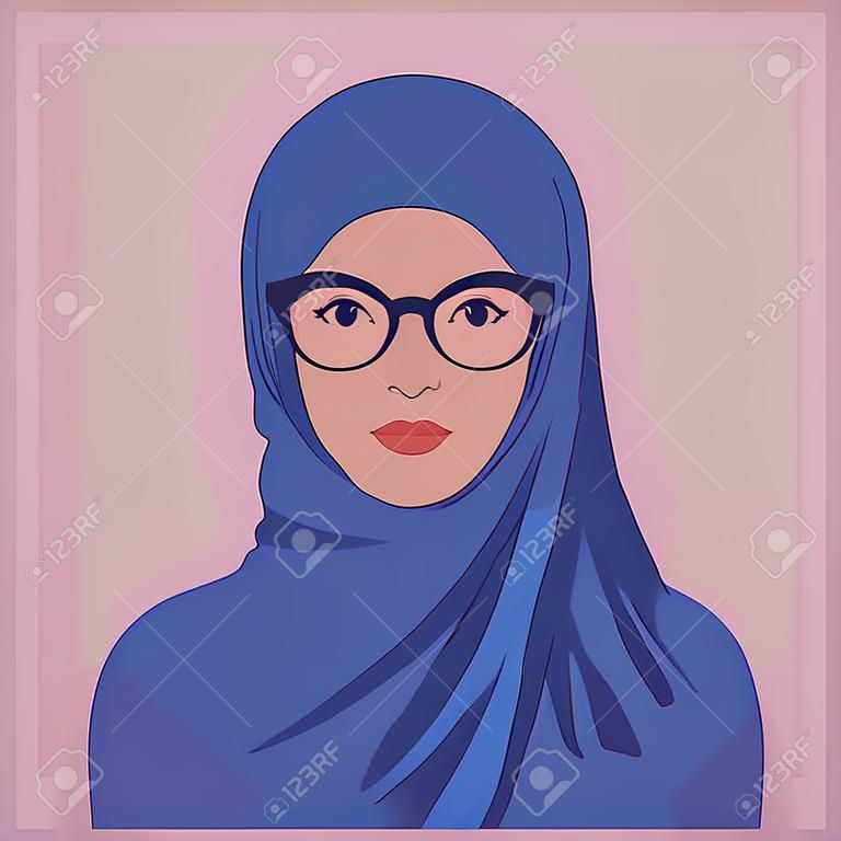 히잡과 안경을 쓴 아라비아 여성의 초상화. 이슬람 소녀 아바타. 벡터 평면 그림
