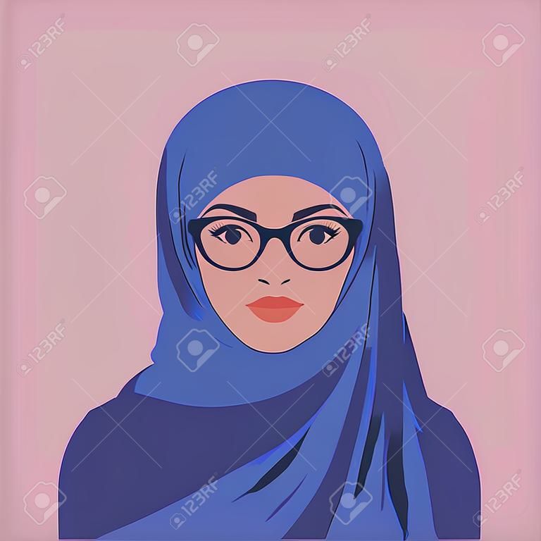 Portrait of an arabian woman in hijab and glasses. Muslim girl avatar. Vector flat illustration