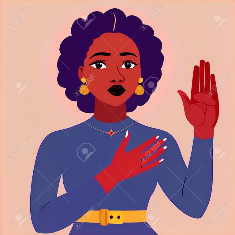 African woman swears an oath. Serious African girl makes sincere promise, keeps one hand on heart, raises palm, demonstrates loyalty gesture being honest. Vector flat illustration
