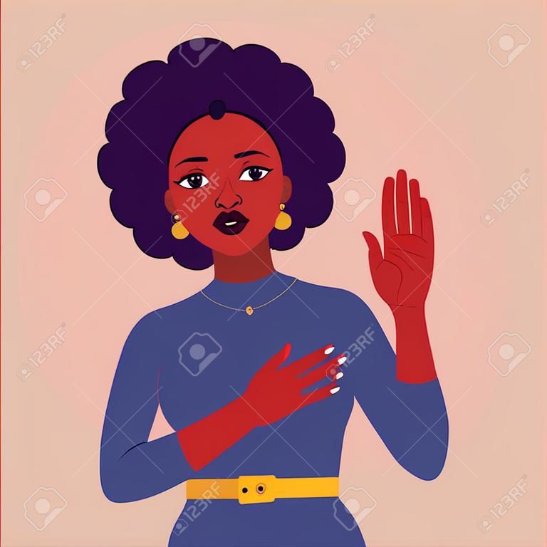 African woman swears an oath. Serious African girl makes sincere promise, keeps one hand on heart, raises palm, demonstrates loyalty gesture being honest. Vector flat illustration