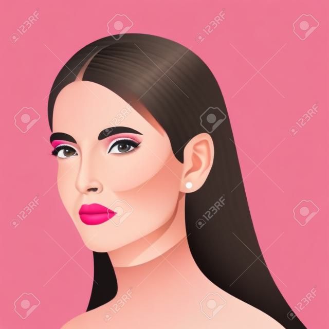 Portrait of a beautiful girl in half-turn. Young brunette woman. Avatar for social networks. Fashion and beauty. Bright vector illustration in flat style.