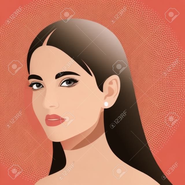 Portrait of a beautiful girl in half-turn. Young brunette woman. Avatar for social networks. Fashion and beauty. Bright vector illustration in flat style.