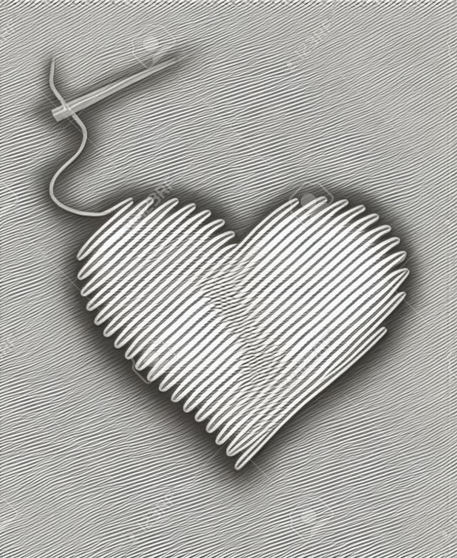 gestickte Herz mit einem Nadelfaden. Vektor-Illustration