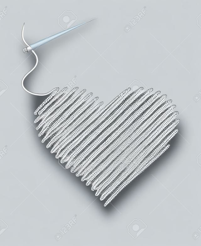 gestickte Herz mit einem Nadelfaden. Vektor-Illustration