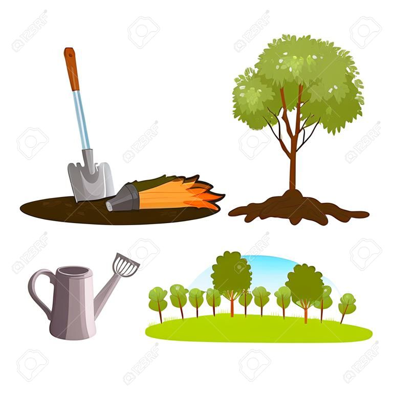 set van boom planten, werk in de tuin. vector illustratie