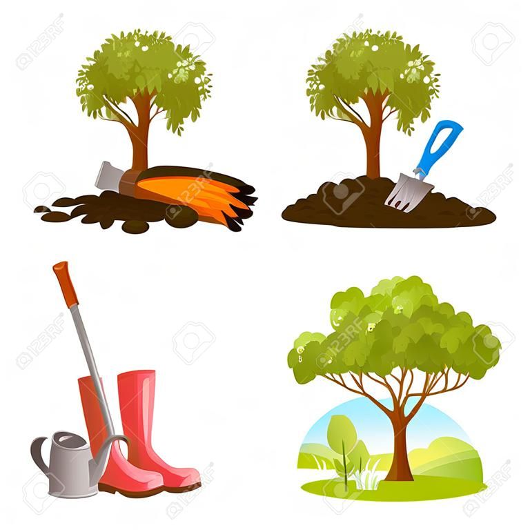 set van boom planten, werk in de tuin. vector illustratie