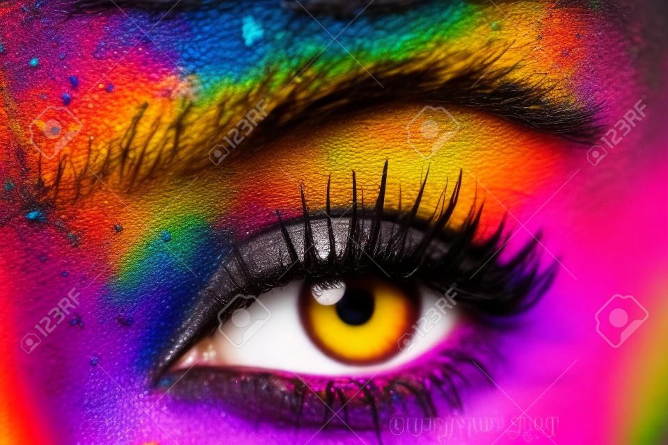 Nahaufnahme des weiblichen Auges mit hellen bunten Mode-Make-up. Holi indische Farbe Festival inspiriert. Studio Makroaufnahme