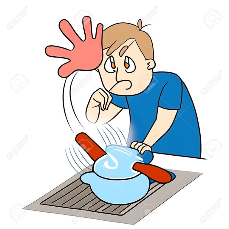 Es ist eine Illustration eines Jungen, der beim Kochen versehentlich einen Topf berührte und sich die Hand verbrannte.